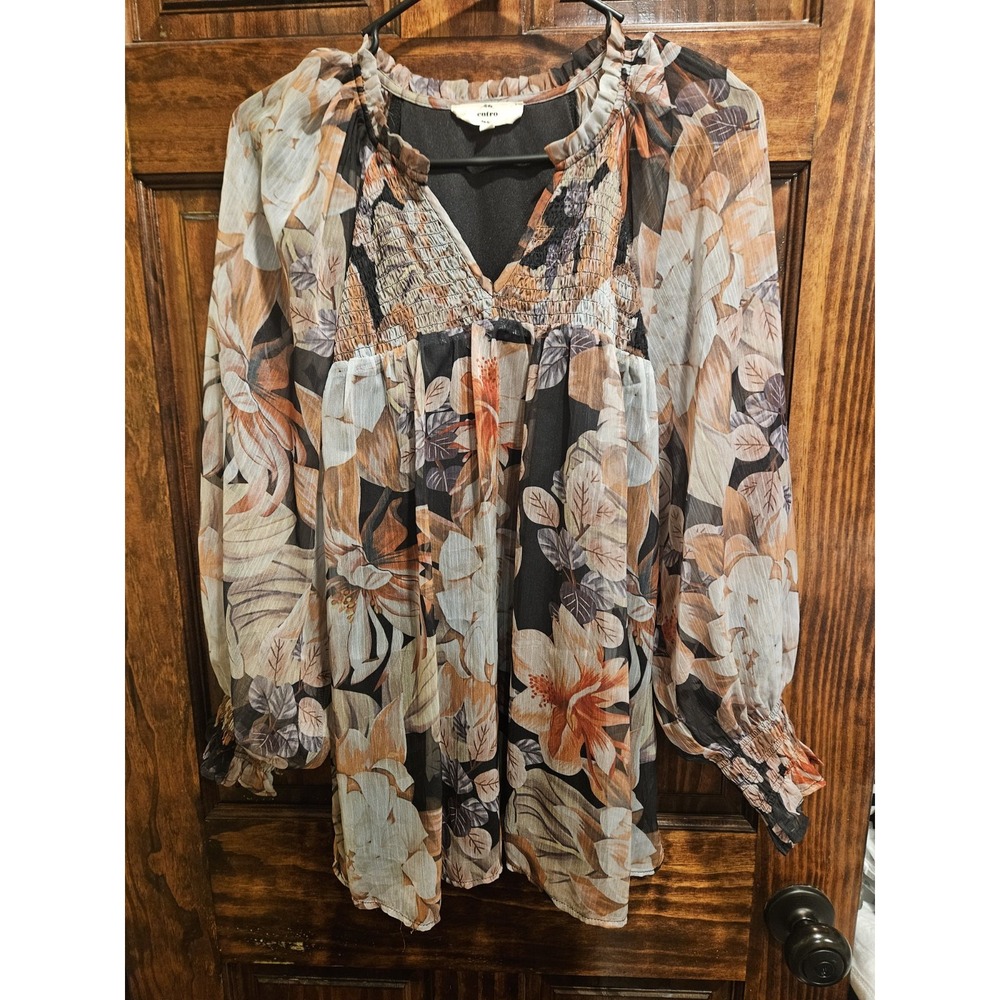Entro Women Floral Smocked V-Neck Blouse Long Sleeve Sheer Layered Top Medium